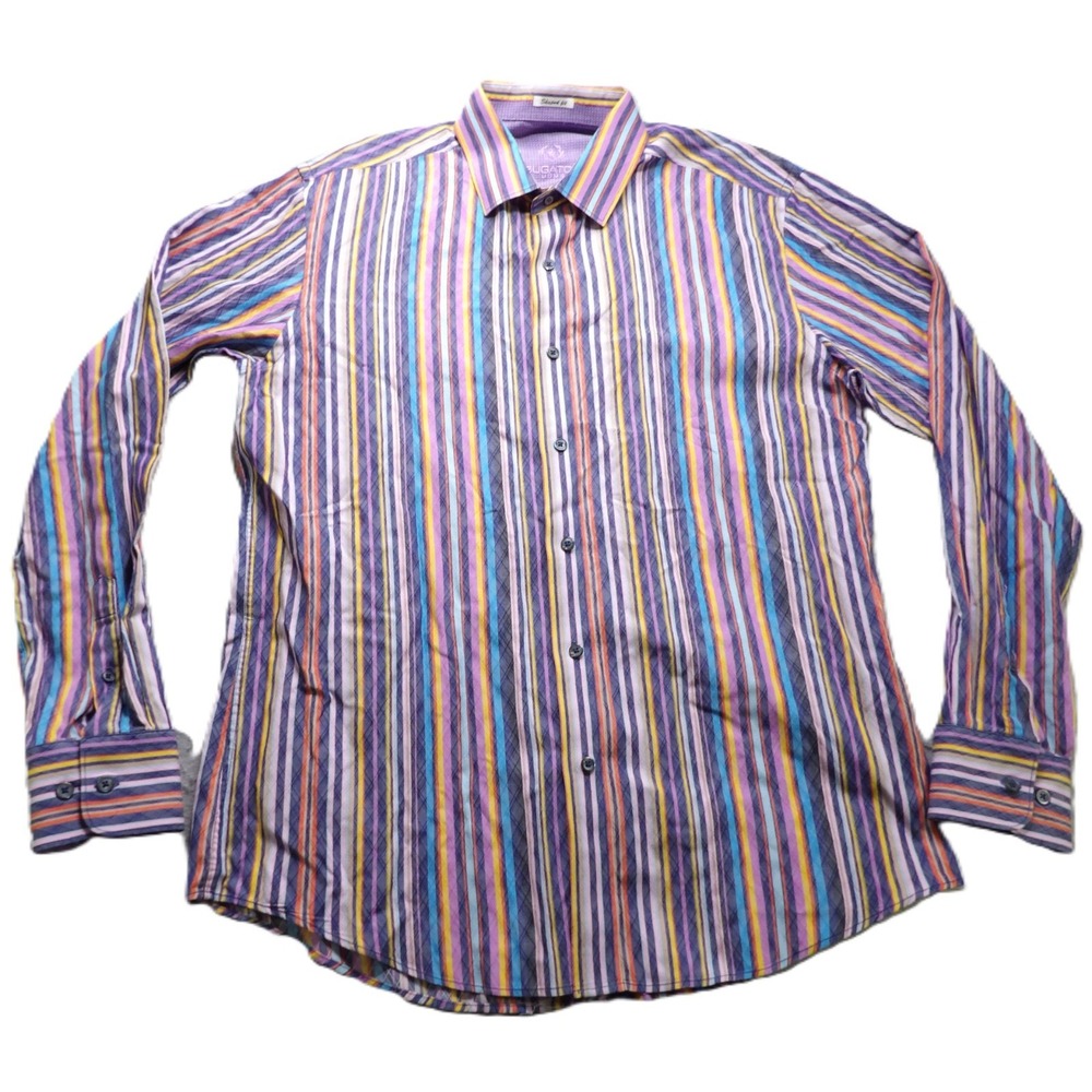 Bugatchi Men Long Sleeves Dress Shirt Multi Color Striped Button Up Shaped Fit L